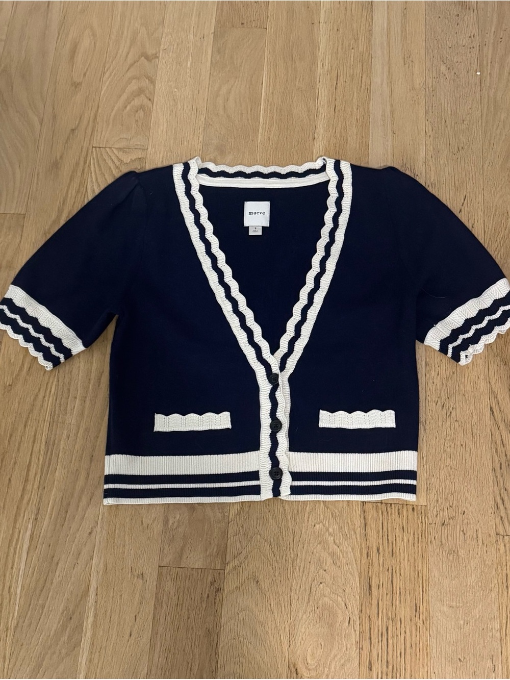 Maeve Navy Cardigan with White Trim and Stripes